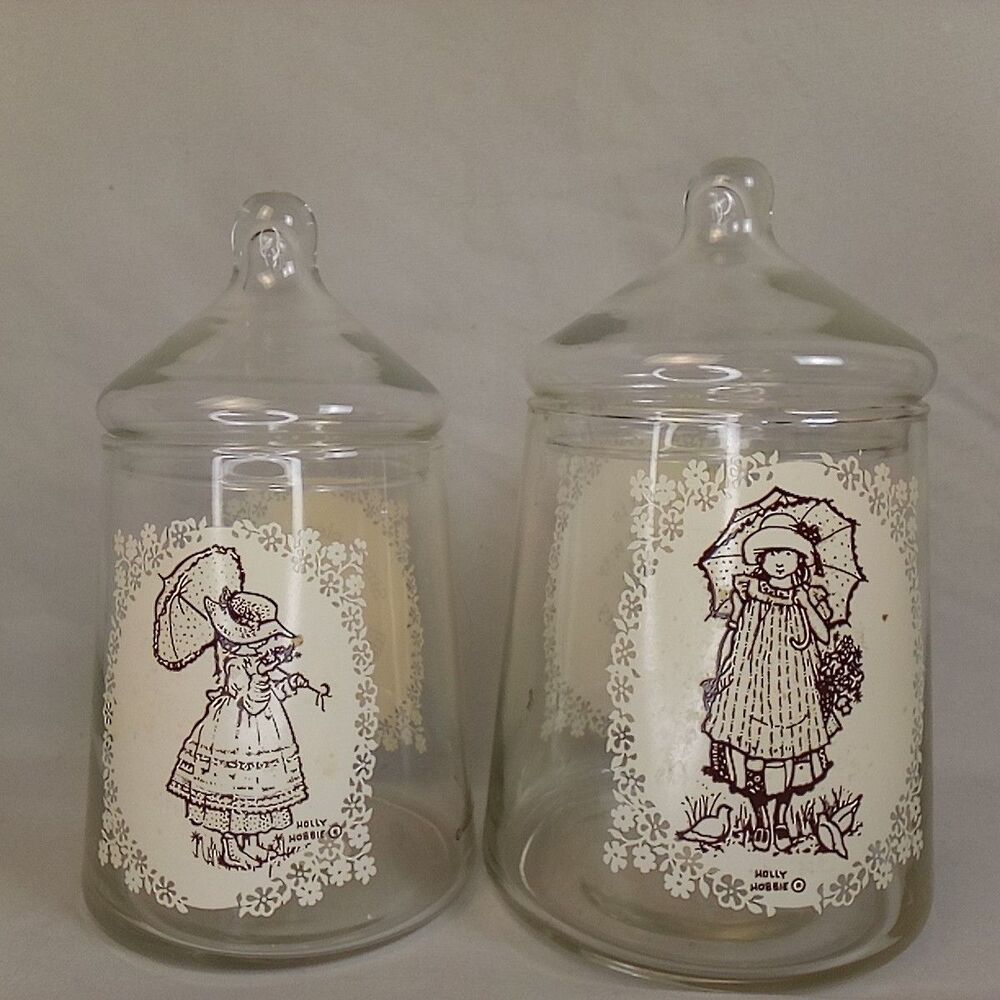 Holly Hobbie Glass Candy Tea Canister Jars With Lids American Greetings 2 Pc Vtg